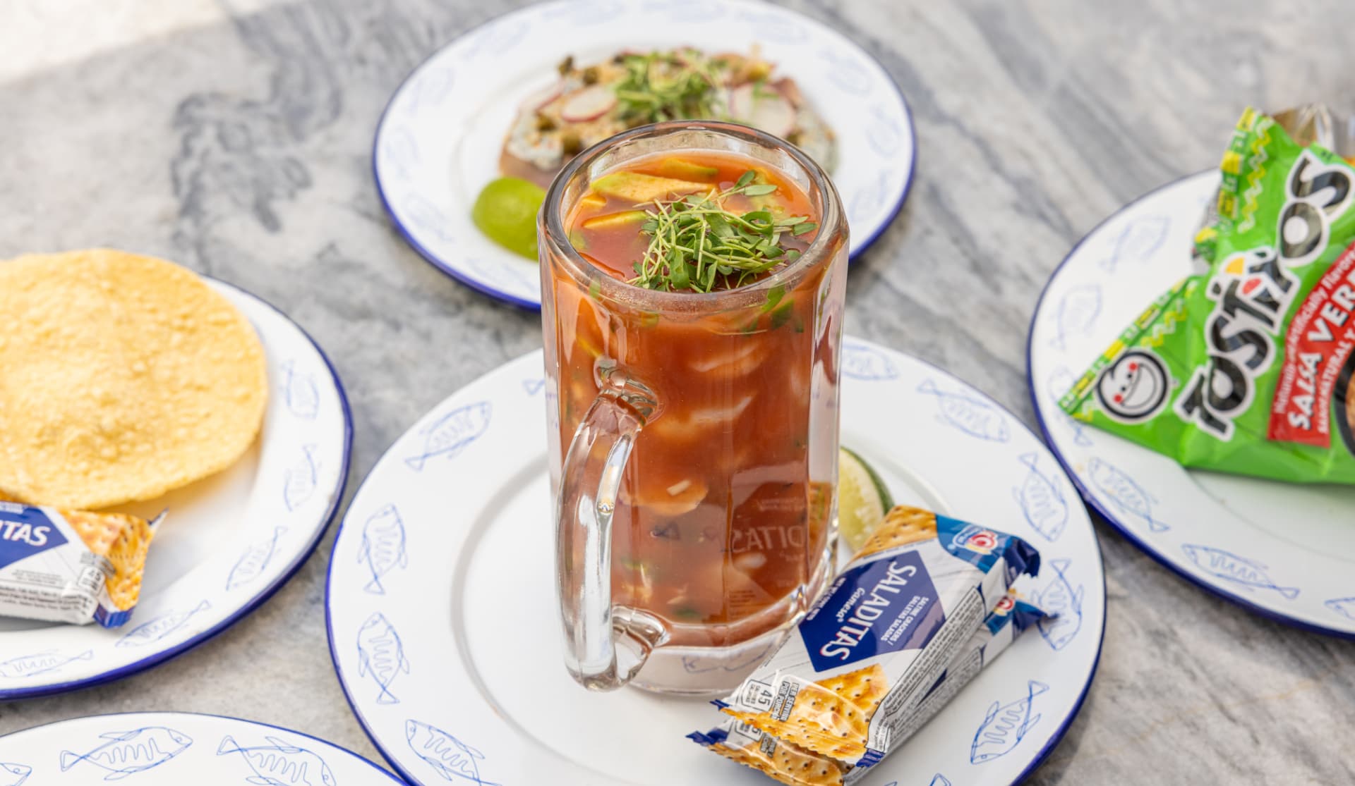 Campechana served in a chilled mug with saladitas
